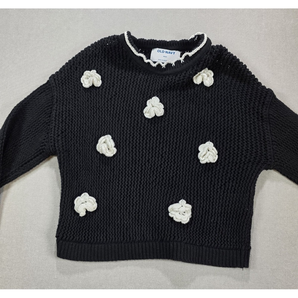 Old Navy Girls Black Sweater Medium 8 Loose Weave 3D Pom‎ Poms